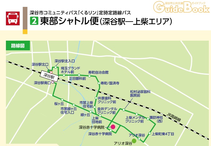 深谷市コミュニティバスくるリン東部シャトル便の路線図