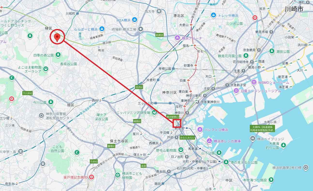 横浜駅から横浜市緑区台村町のオオトカゲ脱走現場周辺までの位置関係