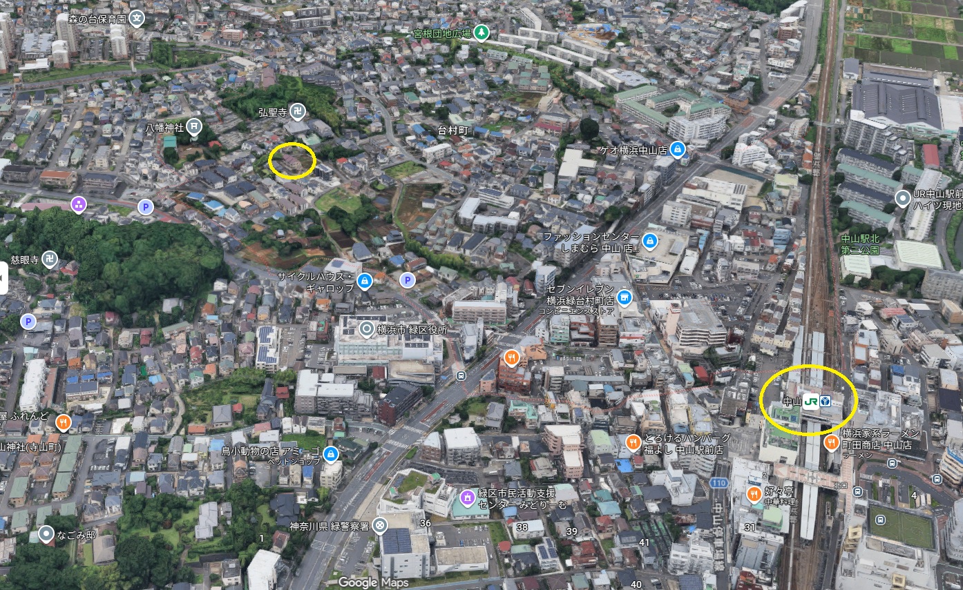 横浜市緑区台村町のオオトカゲ脱走現場周辺と中山駅の位置関係