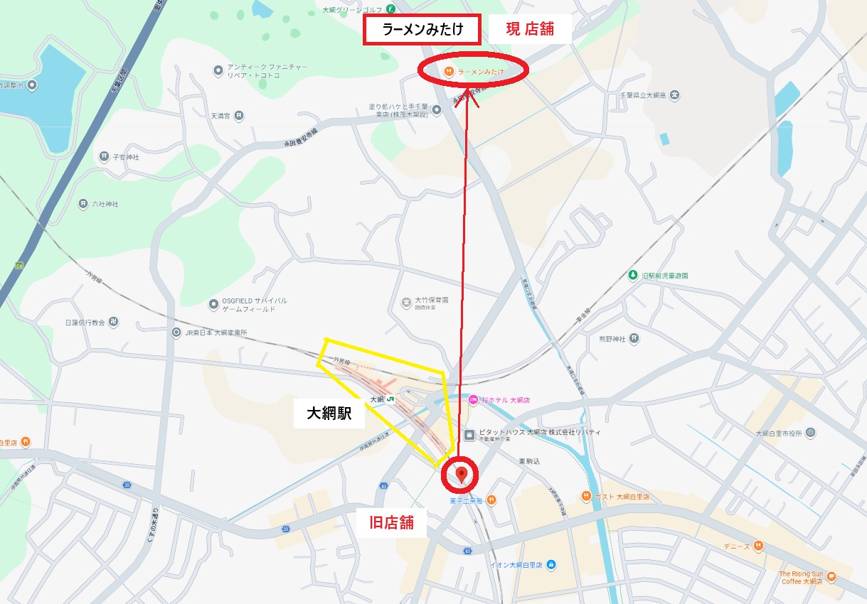 ラーメンみたけの高架下の旧店舗と金谷郷の現店舗の位置